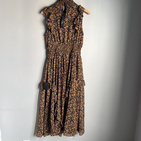 NEW lulus Evalina Mustard Yellow Floral Print Mock Neck Midi Dress - Picture 3 of 12